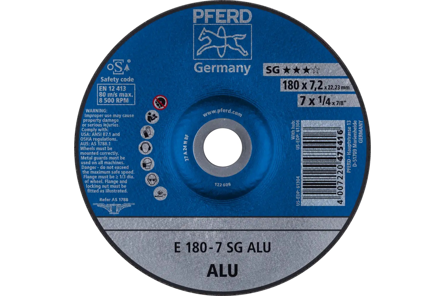 Picture of Pferd Grinding Wheel, 7" X 1/4 X 7/8, Sg Alu, T27, Aluminum Oxide, Silicon Carbide